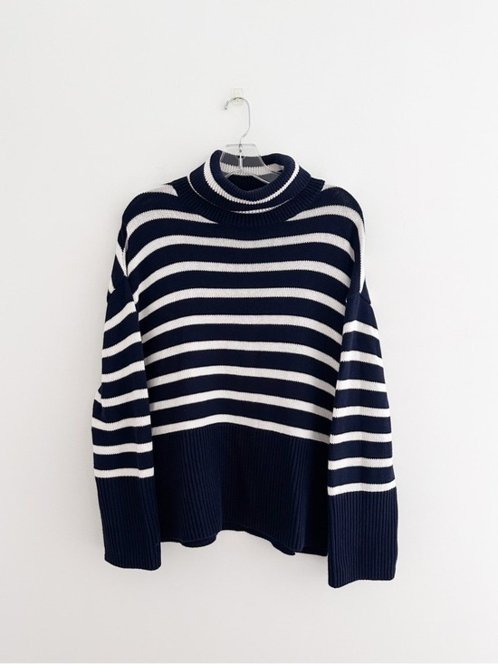 Gap Navy White Striped Turtleneck Sweater Cotton Knit Oversized Relaxed Size M